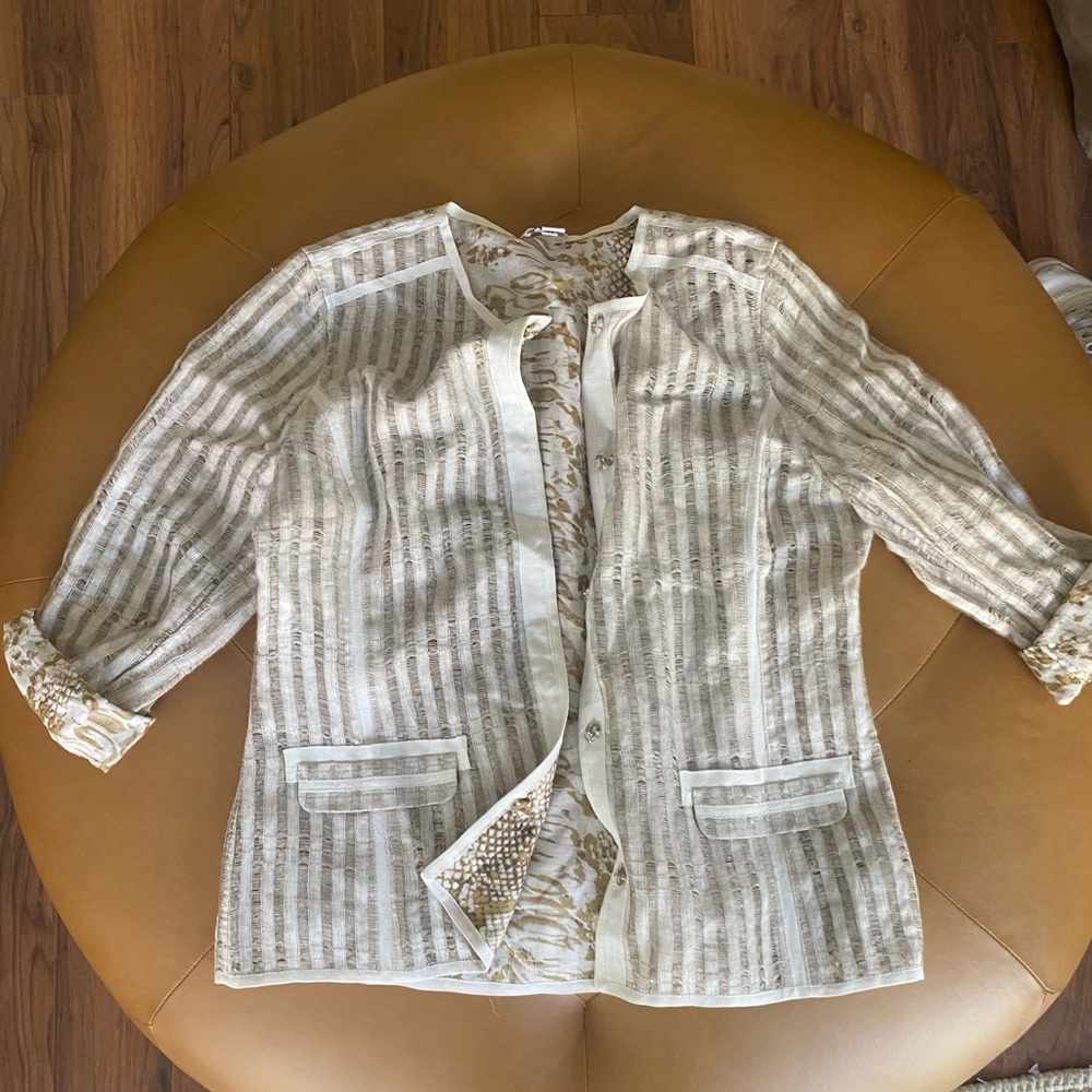 Chico’s Reversible Jacket Shirt Blouse Striped Open Weave Animal Print Size 1